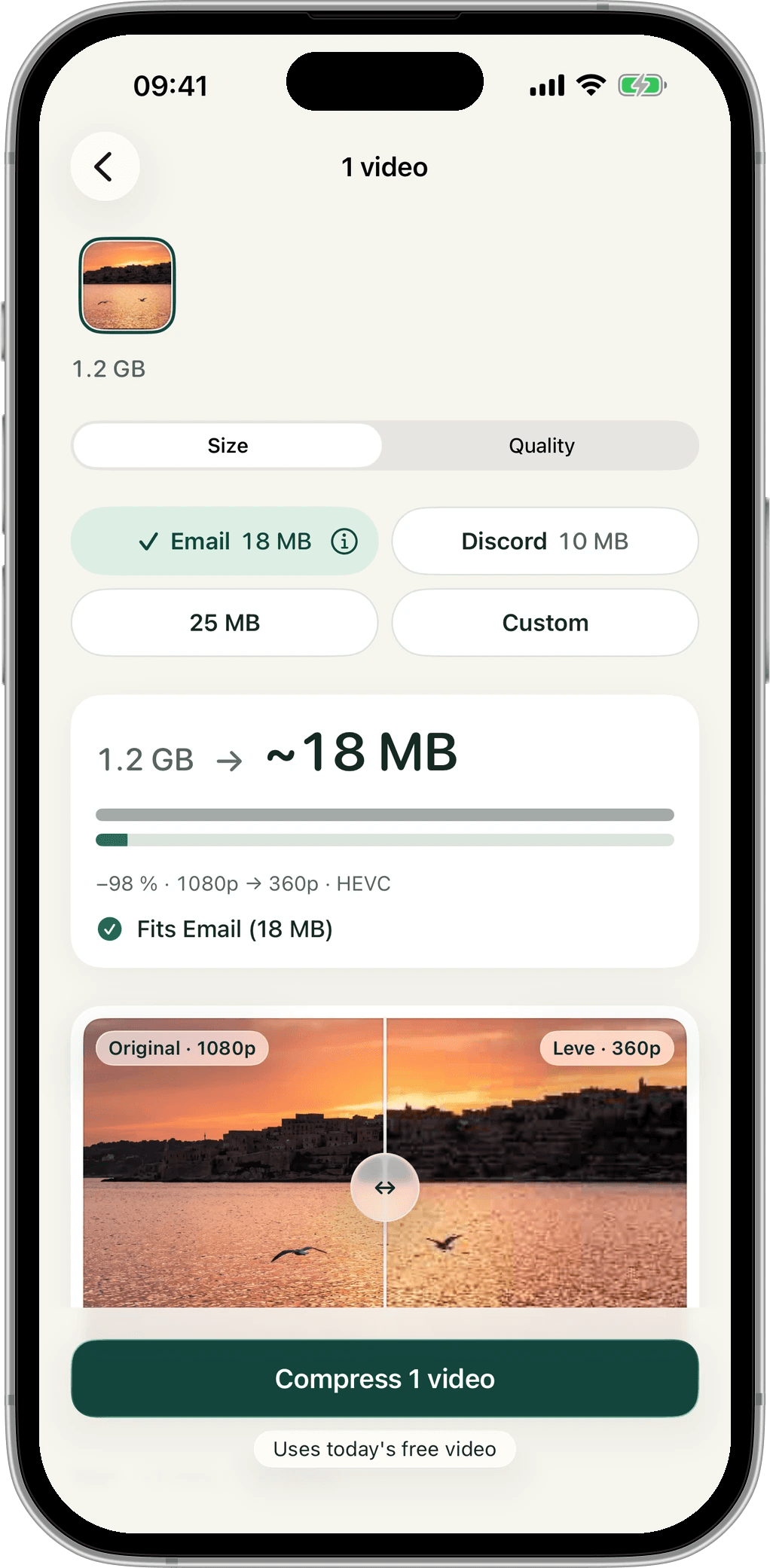 Leve on iPhone: a 1.2 GB video set to Email 18 MB. The estimate reads about 18 MB and confirms it fits Email.