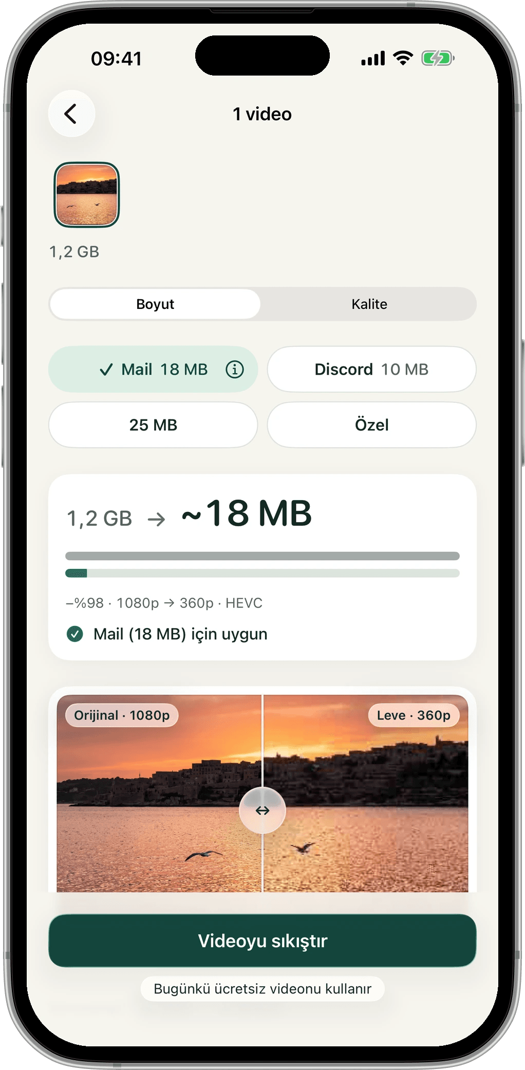 iPhone’da Leve: 1,2 GB’lık bir video E-posta 18 MB hedefine ayarlı. Tahmin yaklaşık 18 MB ve e-posta için uygun.