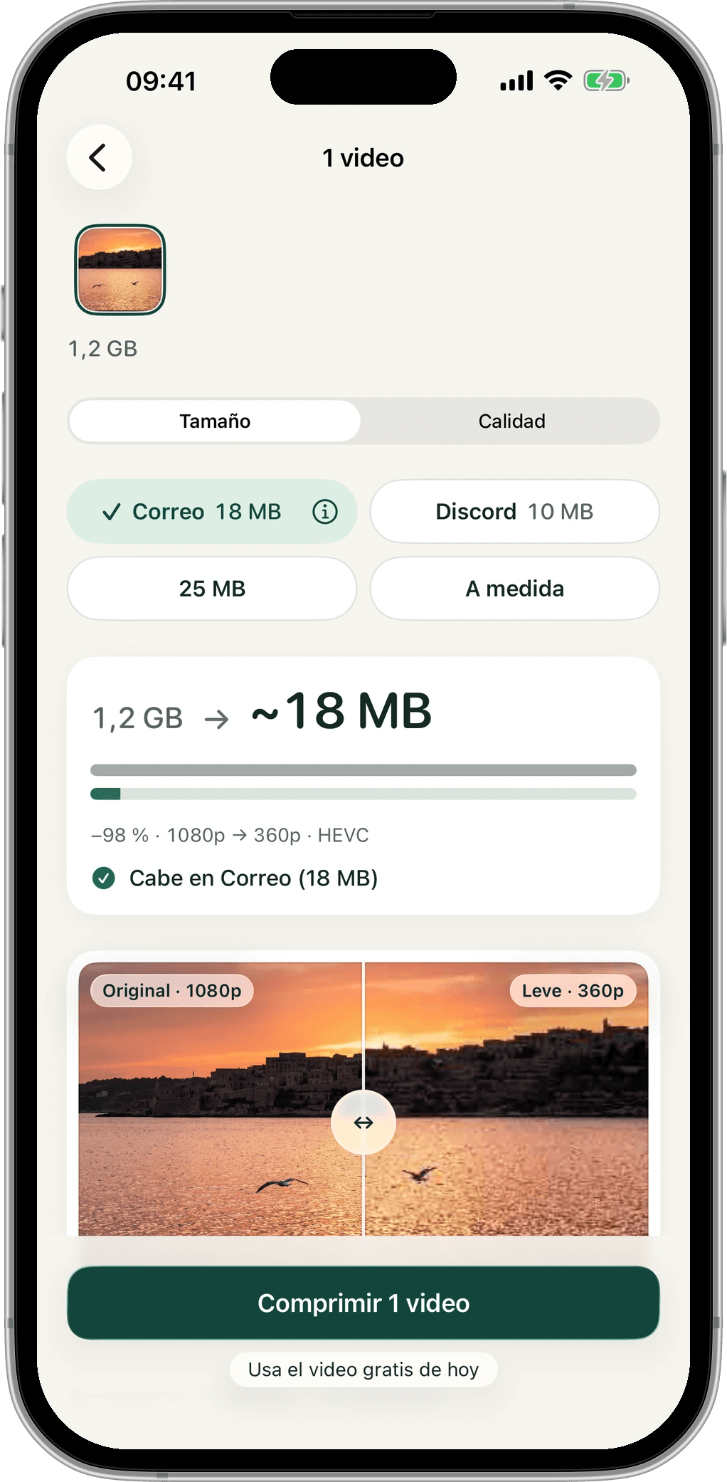Leve en iPhone: un video de 1,2 GB con el objetivo Correo 18 MB. La estimación marca unos 18 MB y confirma que cabe.