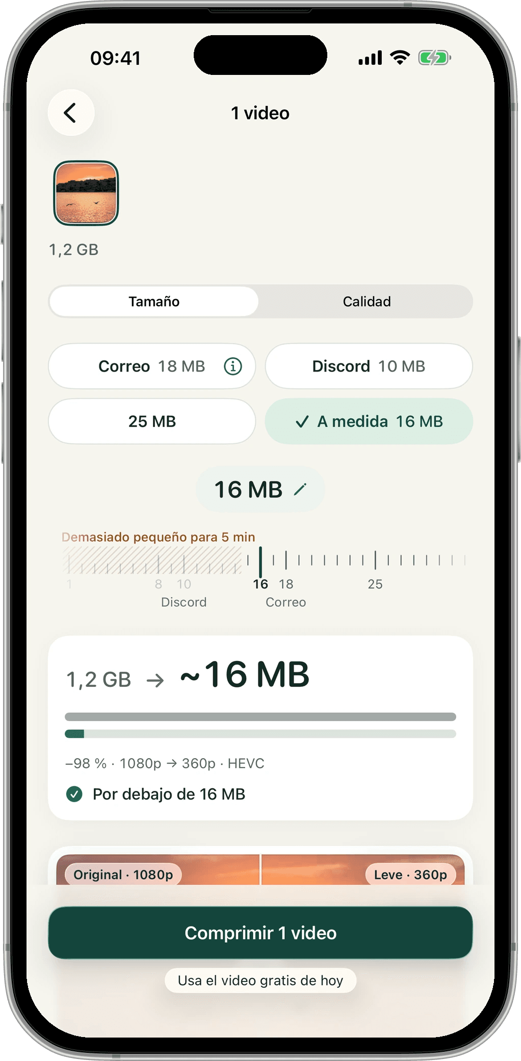El dial de tamaño a medida de Leve en 16 MB, con los límites de Discord y Correo marcados en la escala.