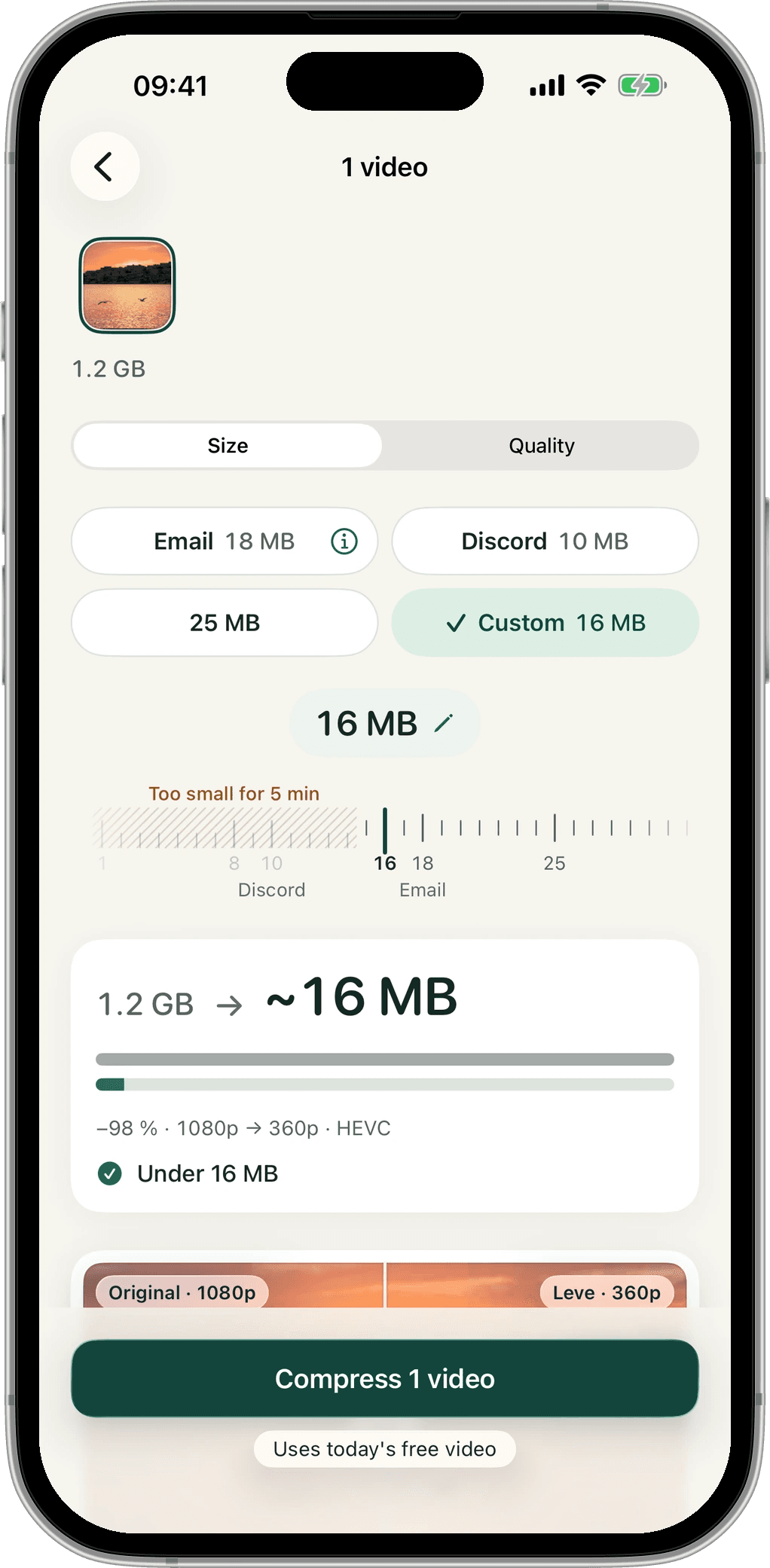 The Custom size dial in Leve set to 16 MB, with the Discord and Email limits marked on the scale.