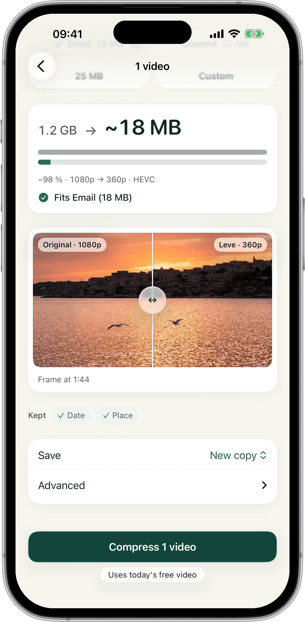 Leve’s compare slider on a sunset frame: Original 1080p on the left, Leve 360p on the right.