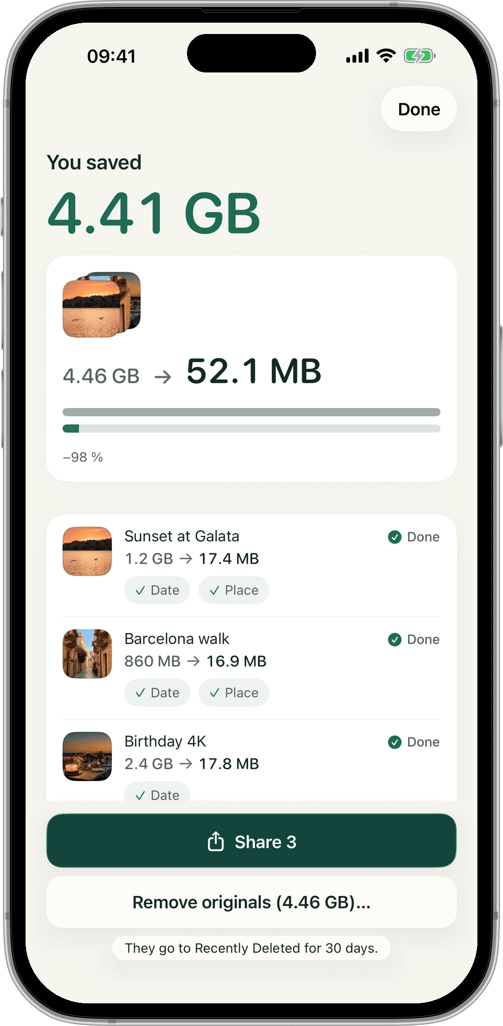 Result screen: You saved 4.41 GB across three videos, each showing its date and place kept.