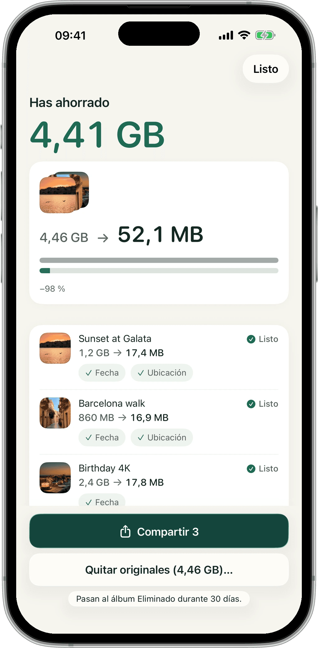 Pantalla de resultado: 4,41 GB ahorrados en tres videos, cada uno con su fecha y lugar.