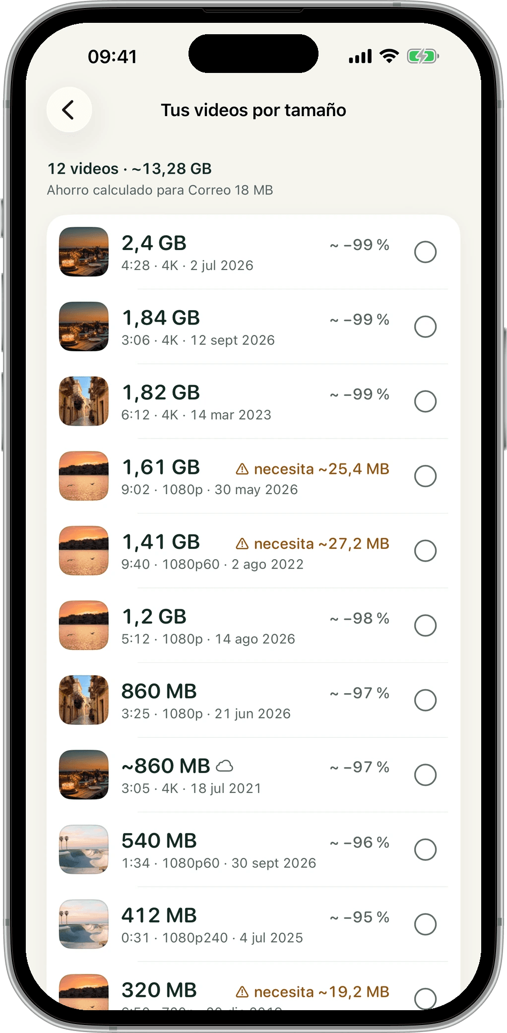 Tus videos por tamaño: 12 videos, 13,28 GB, del más grande al más pequeño con el ahorro estimado.