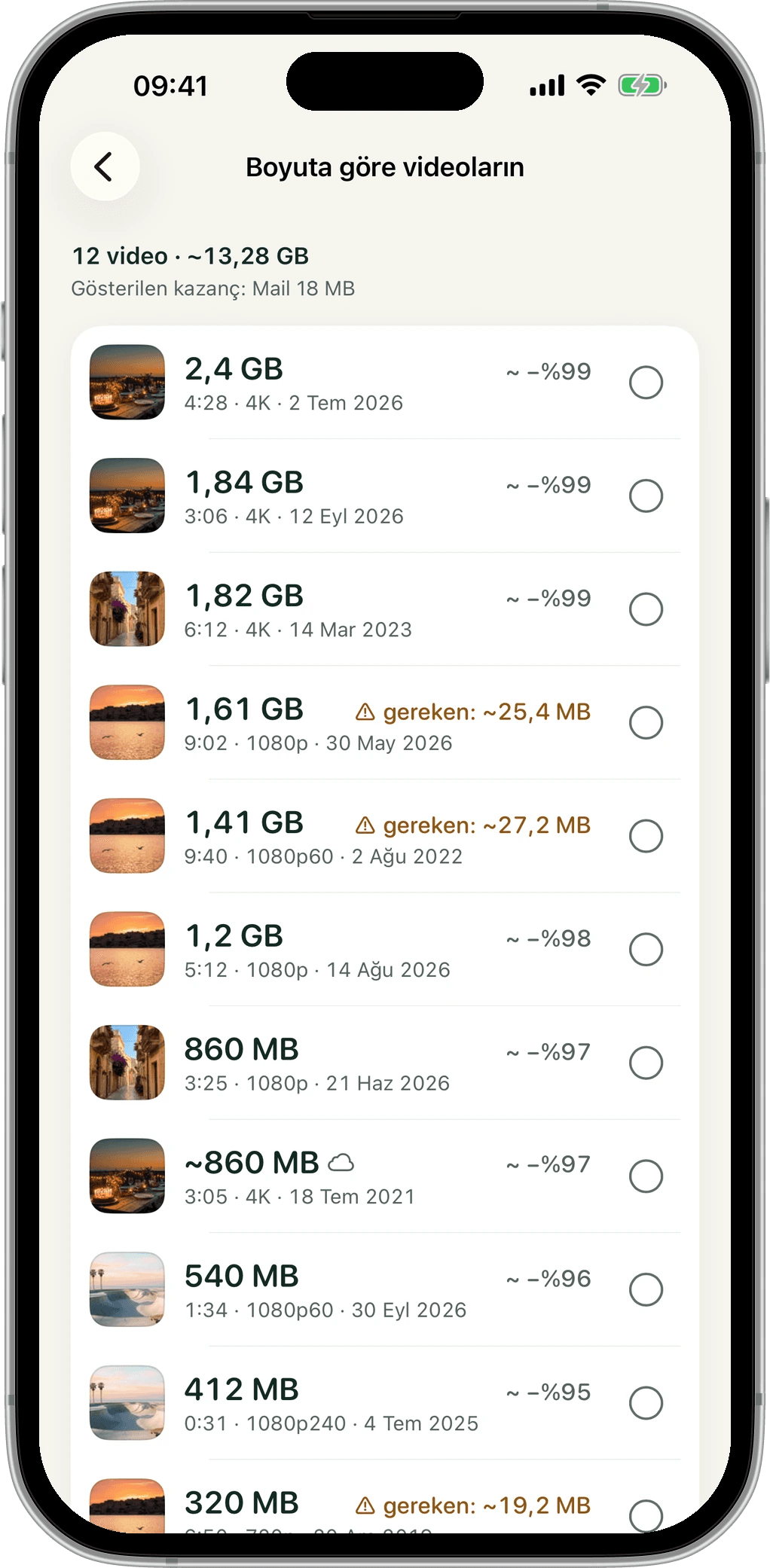 Videolarınız boyuta göre: 12 video, 13,28 GB, en büyükten küçüğe tahmini kazançlarla.