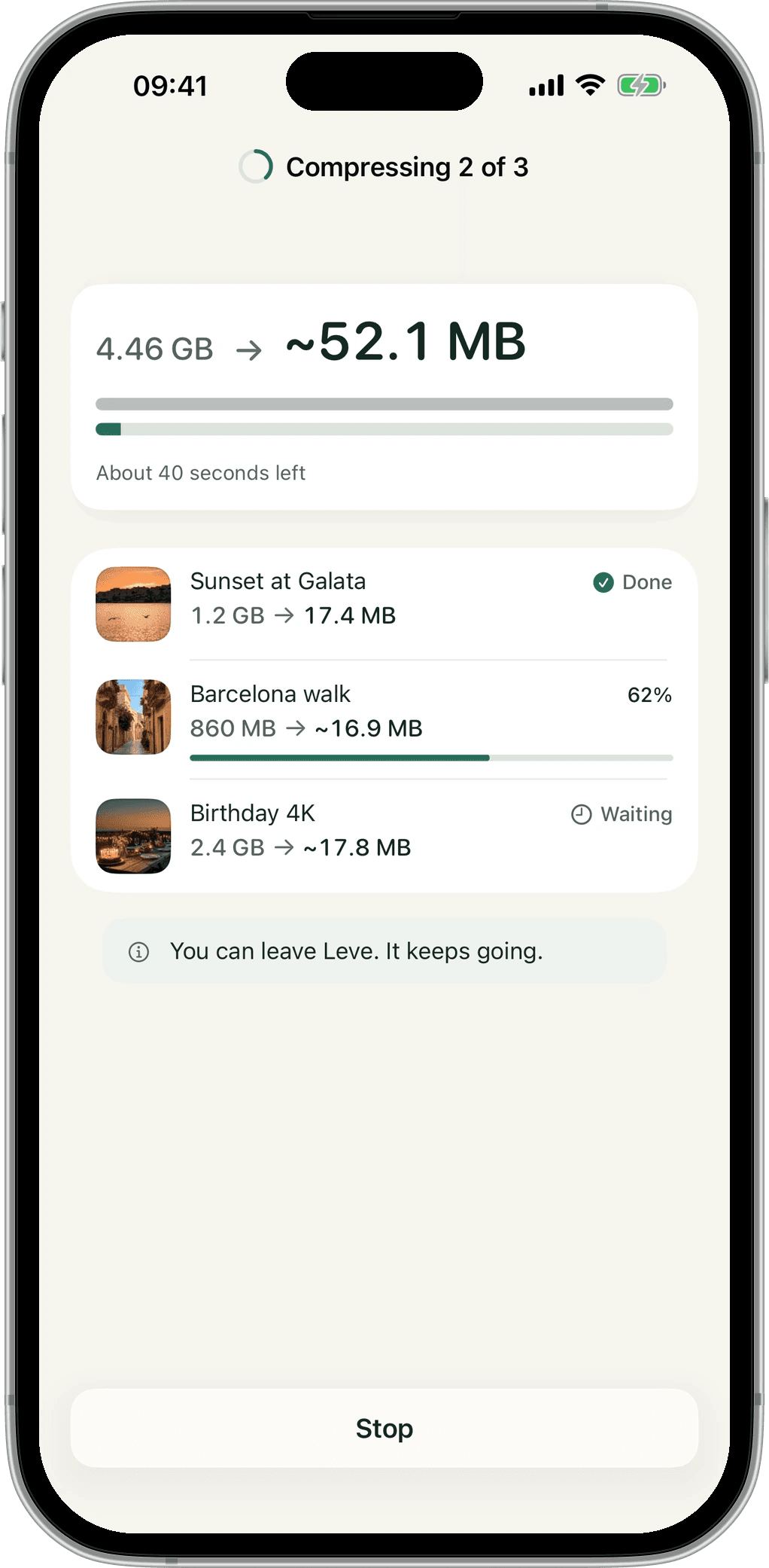 Queue screen: compressing 2 of 3, about 40 seconds left.
