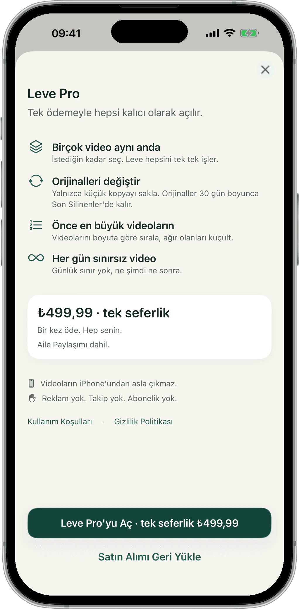 Leve Pro ekranı: tek ödeme her şeyi açar.