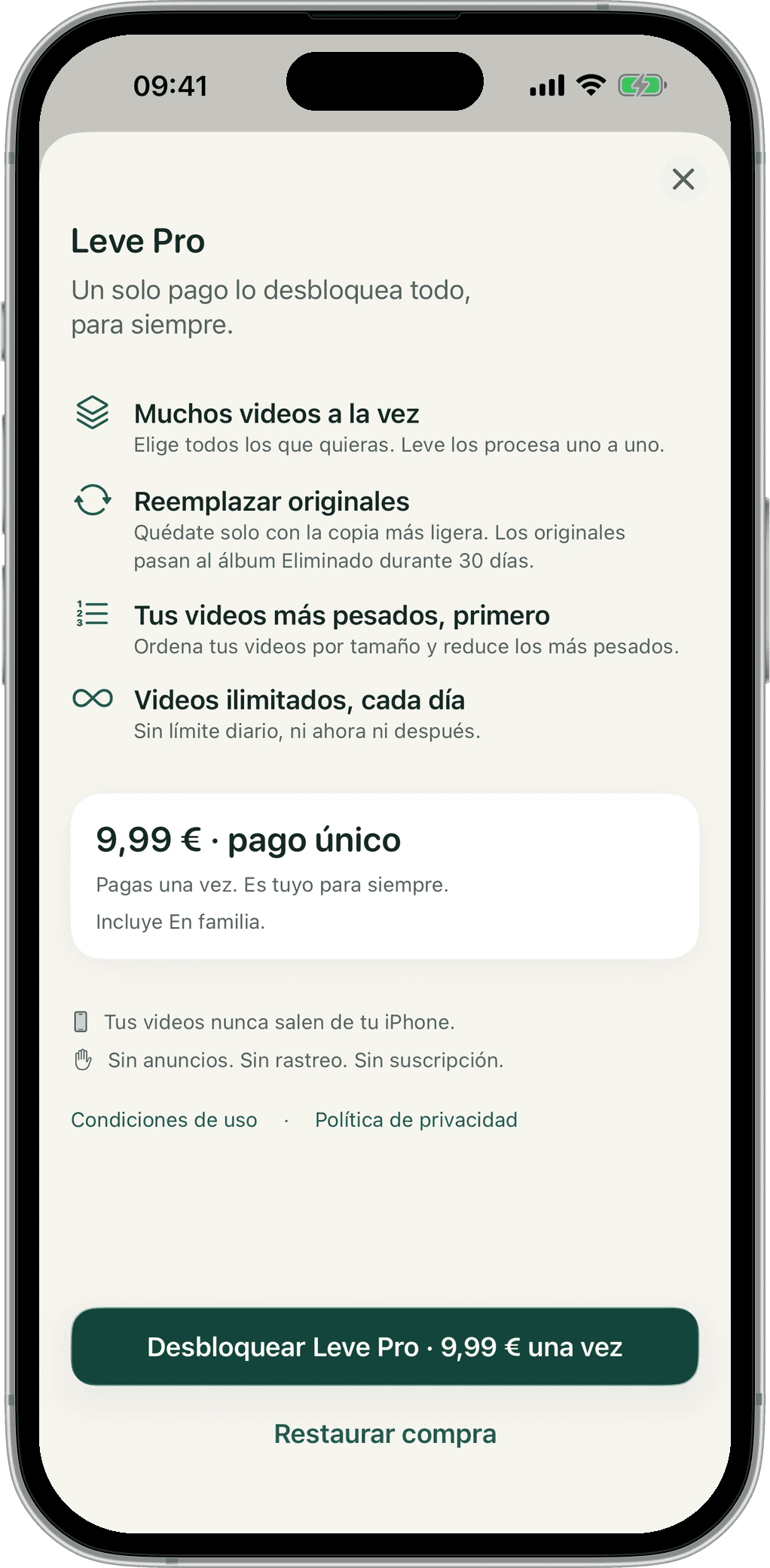 Pantalla de Leve Pro: un solo pago lo desbloquea todo.