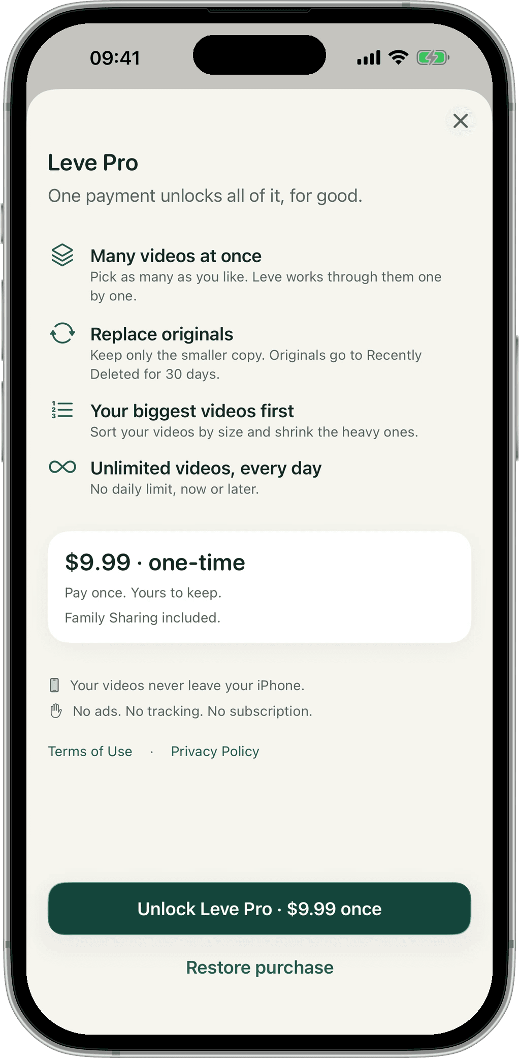 Leve Pro screen: one payment unlocks everything, paid once.