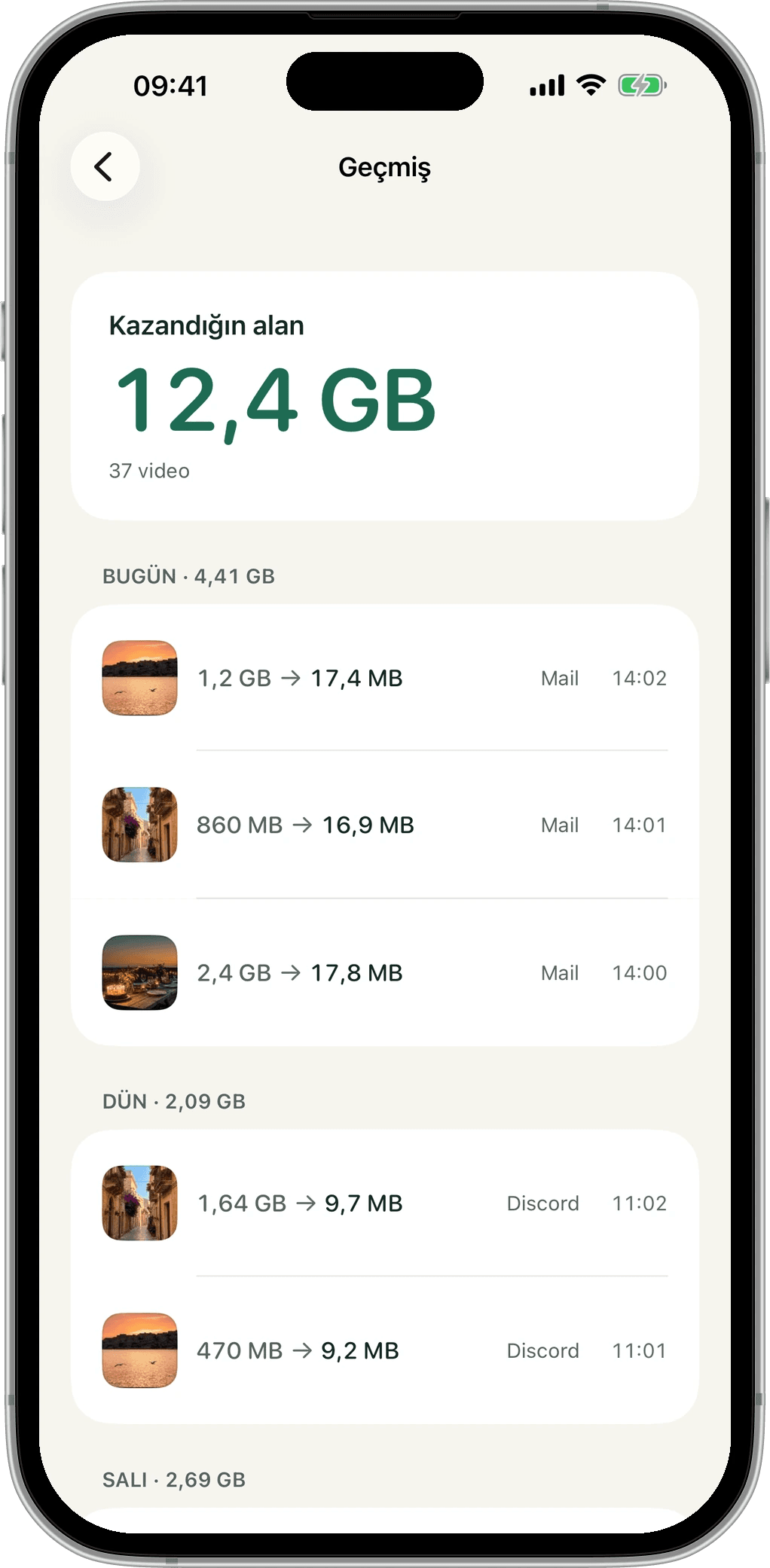 Geçmiş ekranı: 37 videoda 12,4 GB kazanıldı.