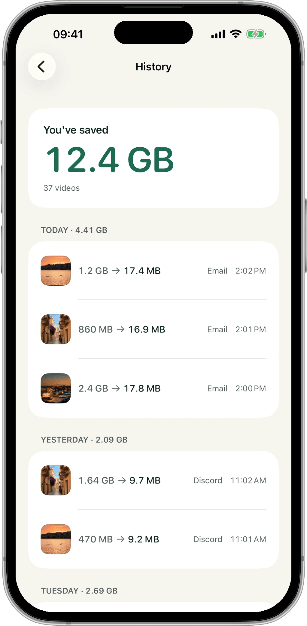 History screen: You’ve saved 12.4 GB across 37 videos.